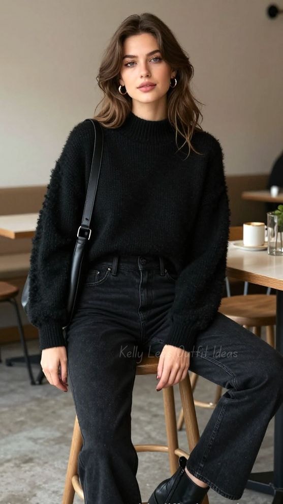 Black knit sweater with dark jeans and crossbody bag