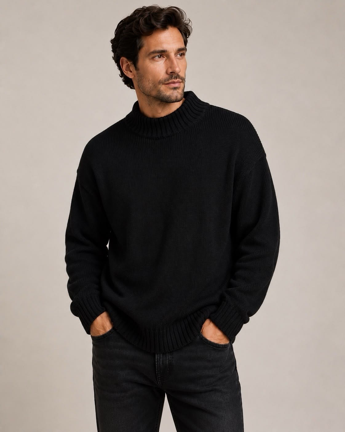 Man in black mock-neck knit sweater with dark jeans