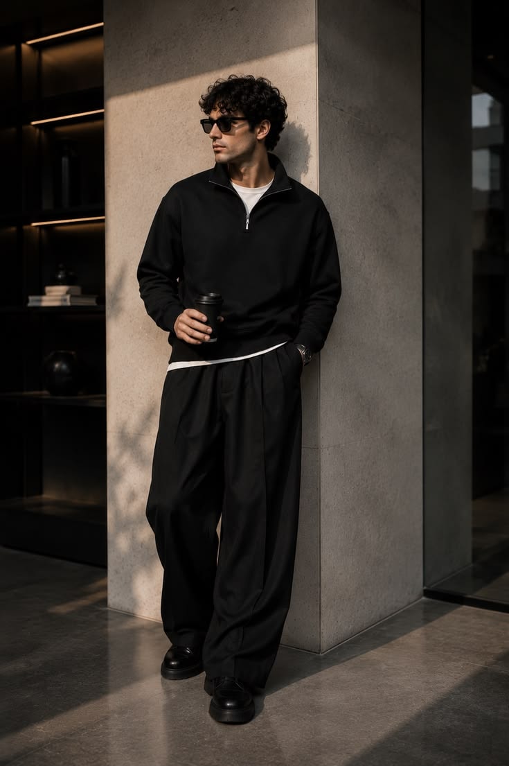 Man in black half-zip pullover with wide-leg trousers