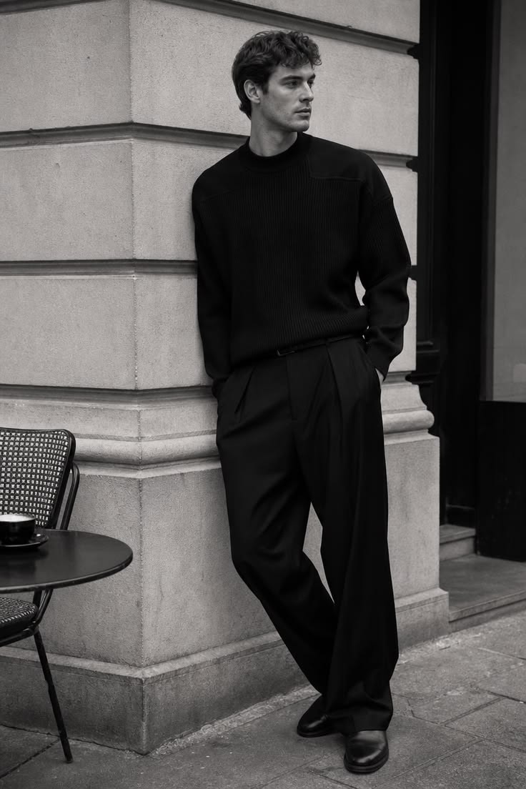 Man in black ribbed crewneck sweater with pleated trousers