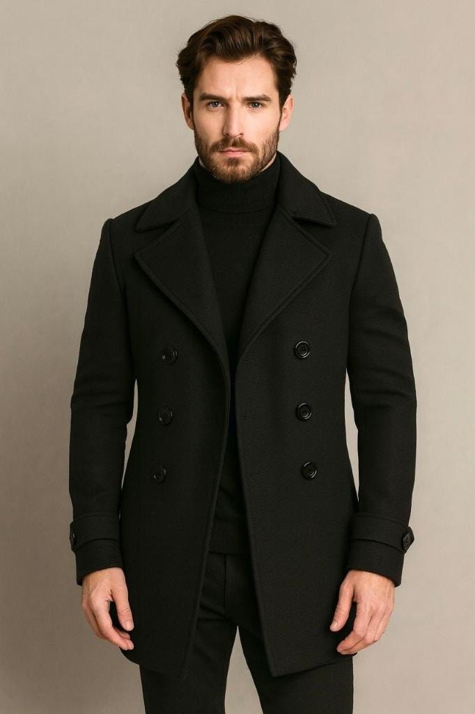 Man in black double-breasted peacoat and turtleneck
