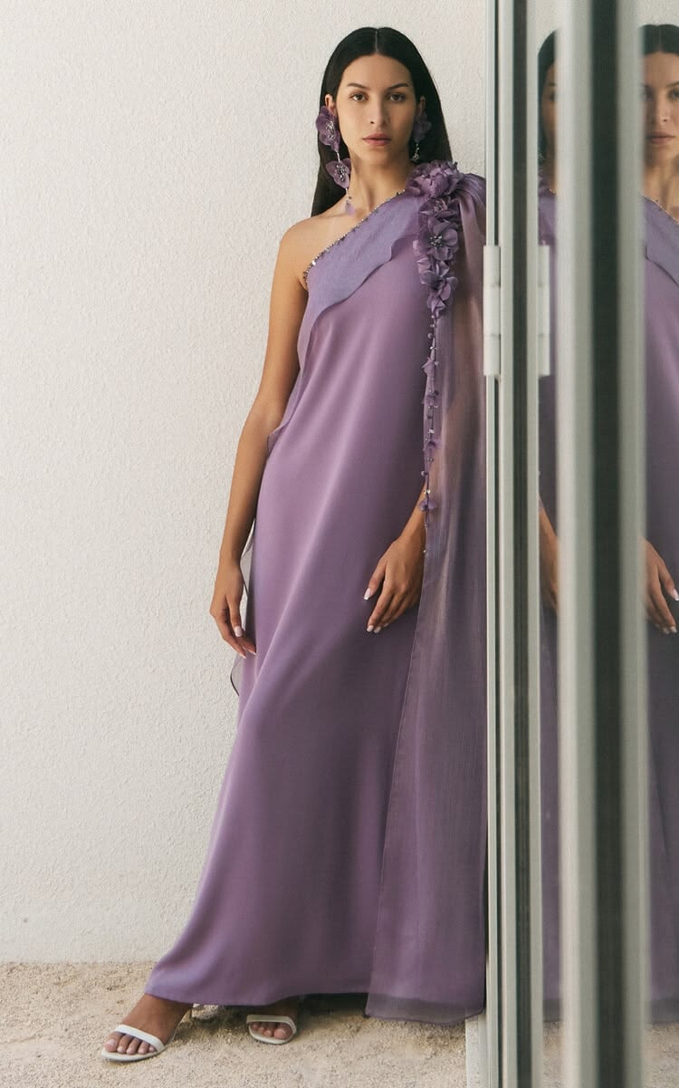 Lavender one-shoulder draped gown