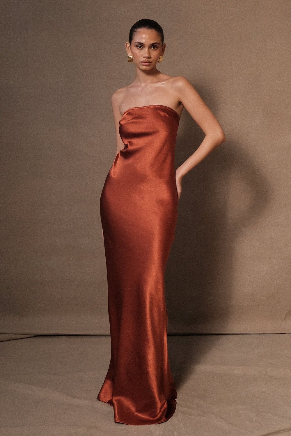 Wine strapless draped gown