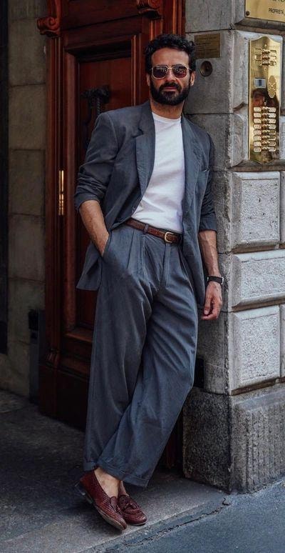 Man in grey suit with loafers